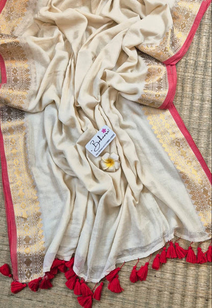 Noor | Cream White Mul Mul Cotton Saree with Golden Zari Border