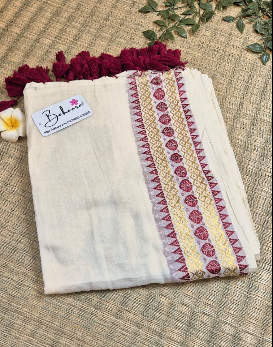 Noor | Malabar Ivory Festive Mul Mul Cotton Saree with Temple Zari Border