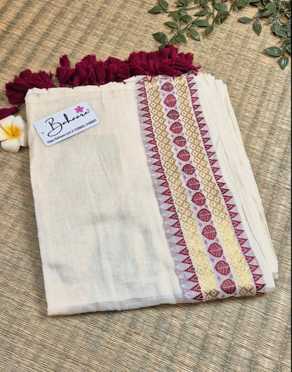 Noor | Malabar Ivory Festive Mul Mul Cotton Saree with Temple Zari Border