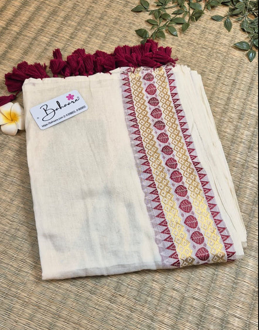 Noor | Malabar Ivory Festive Mul Mul Cotton Saree with Temple Zari Border