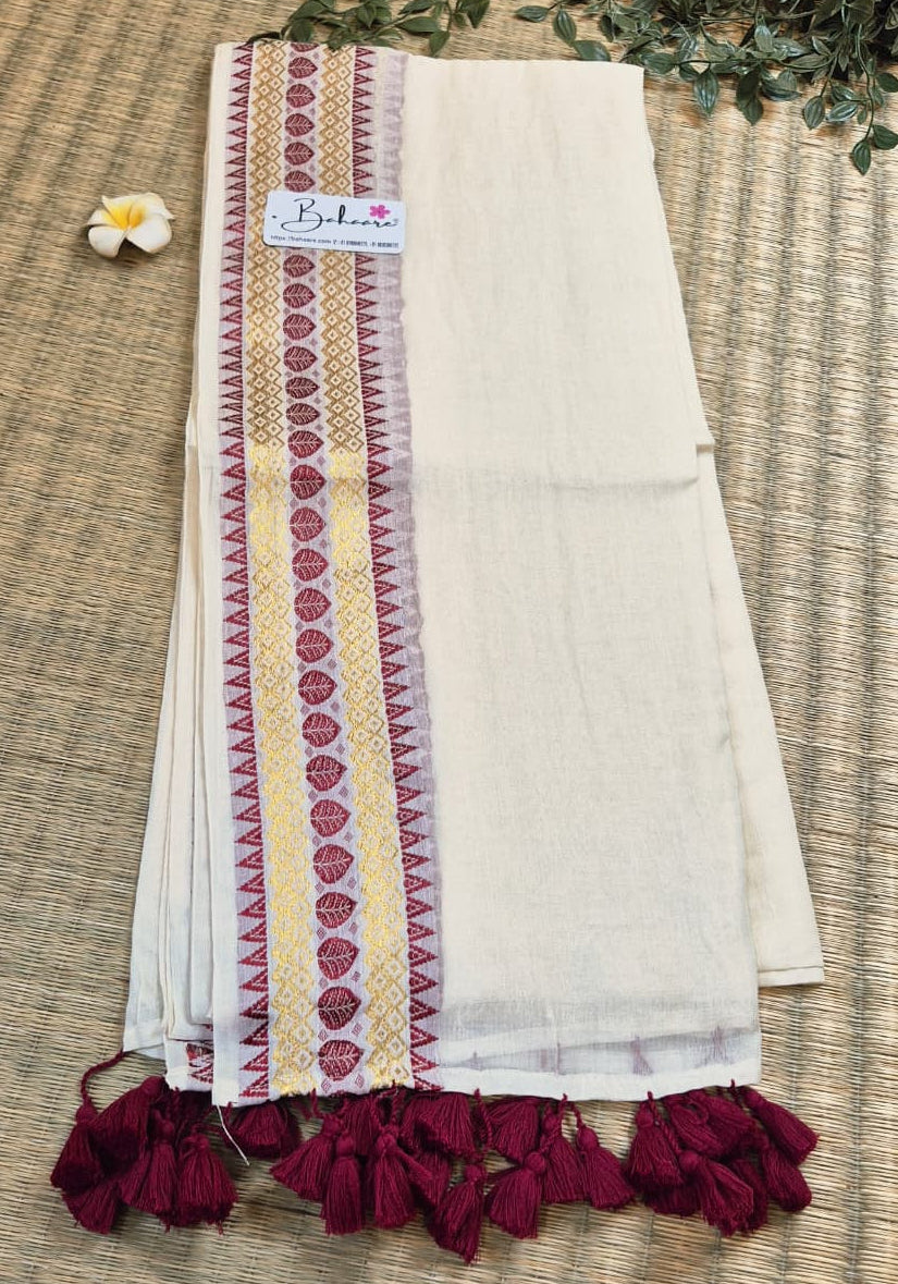 Noor | Malabar Ivory Festive Mul Mul Cotton Saree with Temple Zari Border