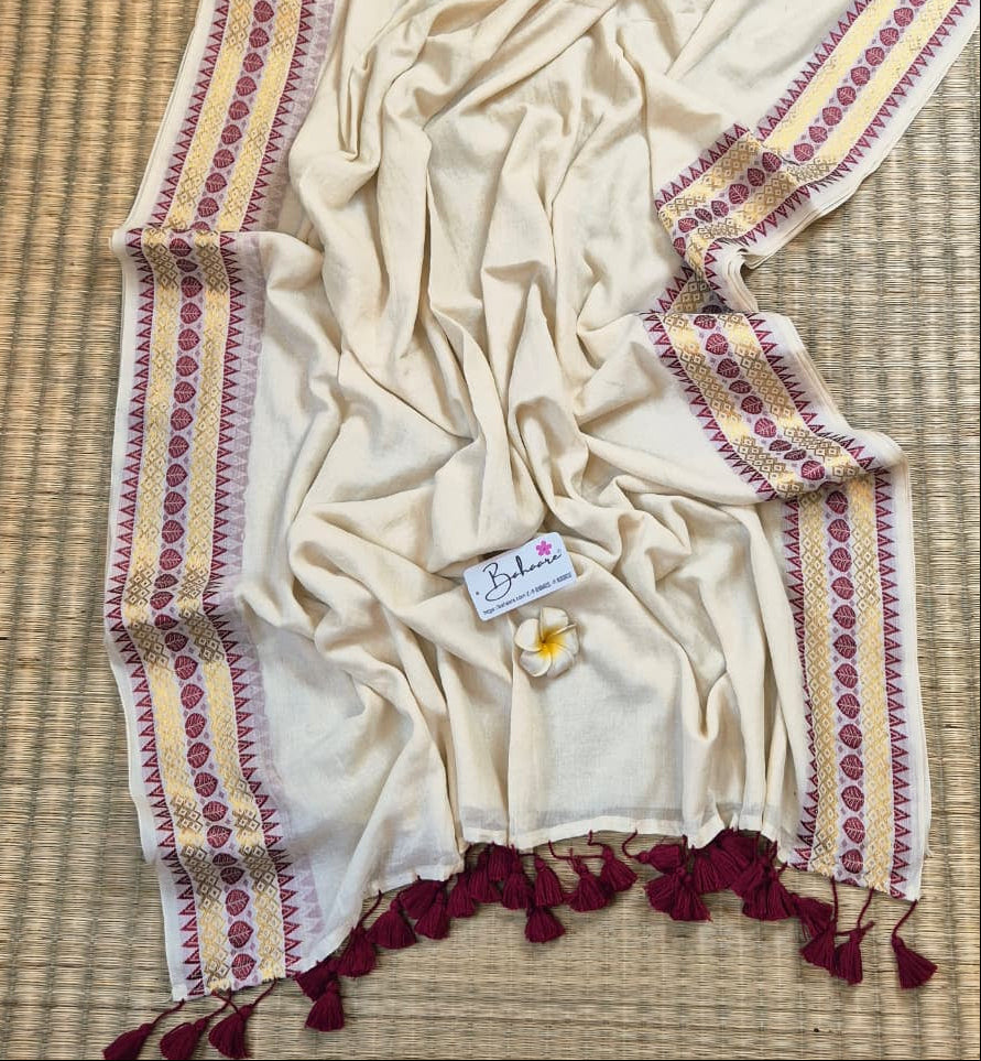 Noor | Malabar Ivory Festive Mul Mul Cotton Saree with Temple Zari Border