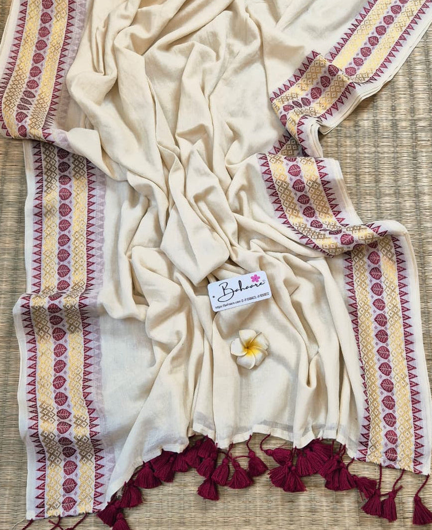 Noor | Malabar Ivory Festive Mul Mul Cotton Saree with Temple Zari Border
