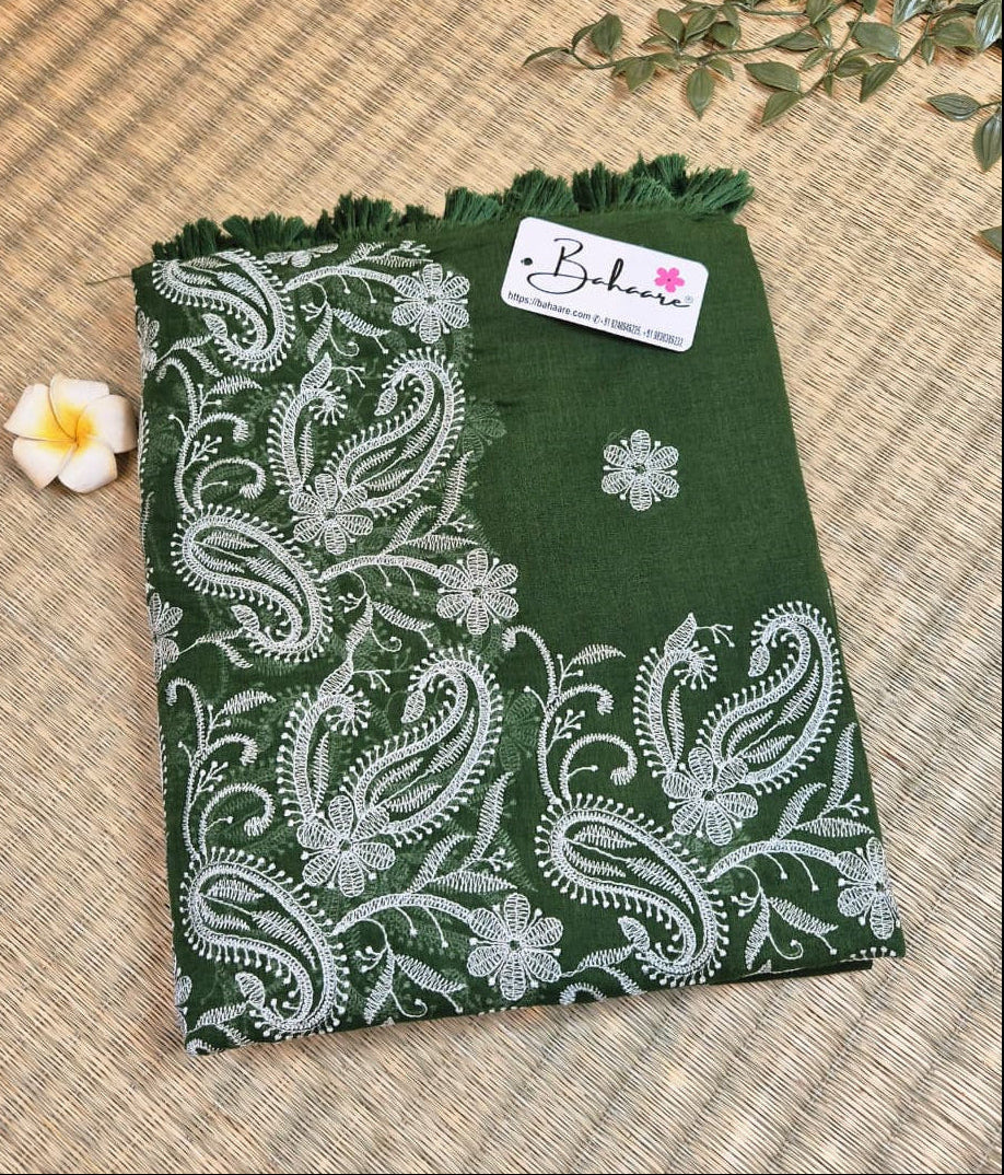 Mohini | Classic Bottle Green Mul Mul Cotton Saree with Chikankari Embroidery