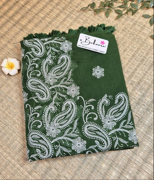 Mohini | Classic Bottle Green Mul Mul Cotton Saree with Chikankari Embroidery