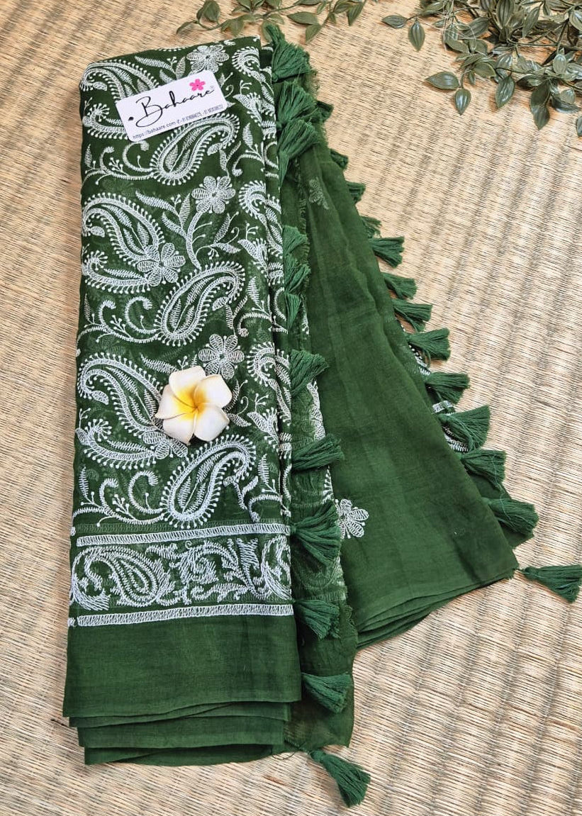 Mohini | Classic Bottle Green Mul Mul Cotton Saree with Chikankari Embroidery