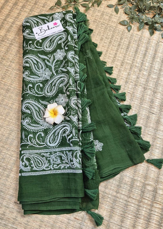 Mohini | Classic Bottle Green Mul Mul Cotton Saree with Chikankari Embroidery