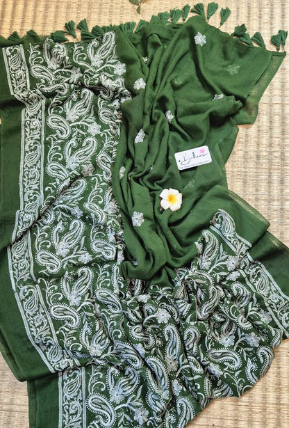 Mohini | Classic Bottle Green Mul Mul Cotton Saree with Chikankari Embroidery