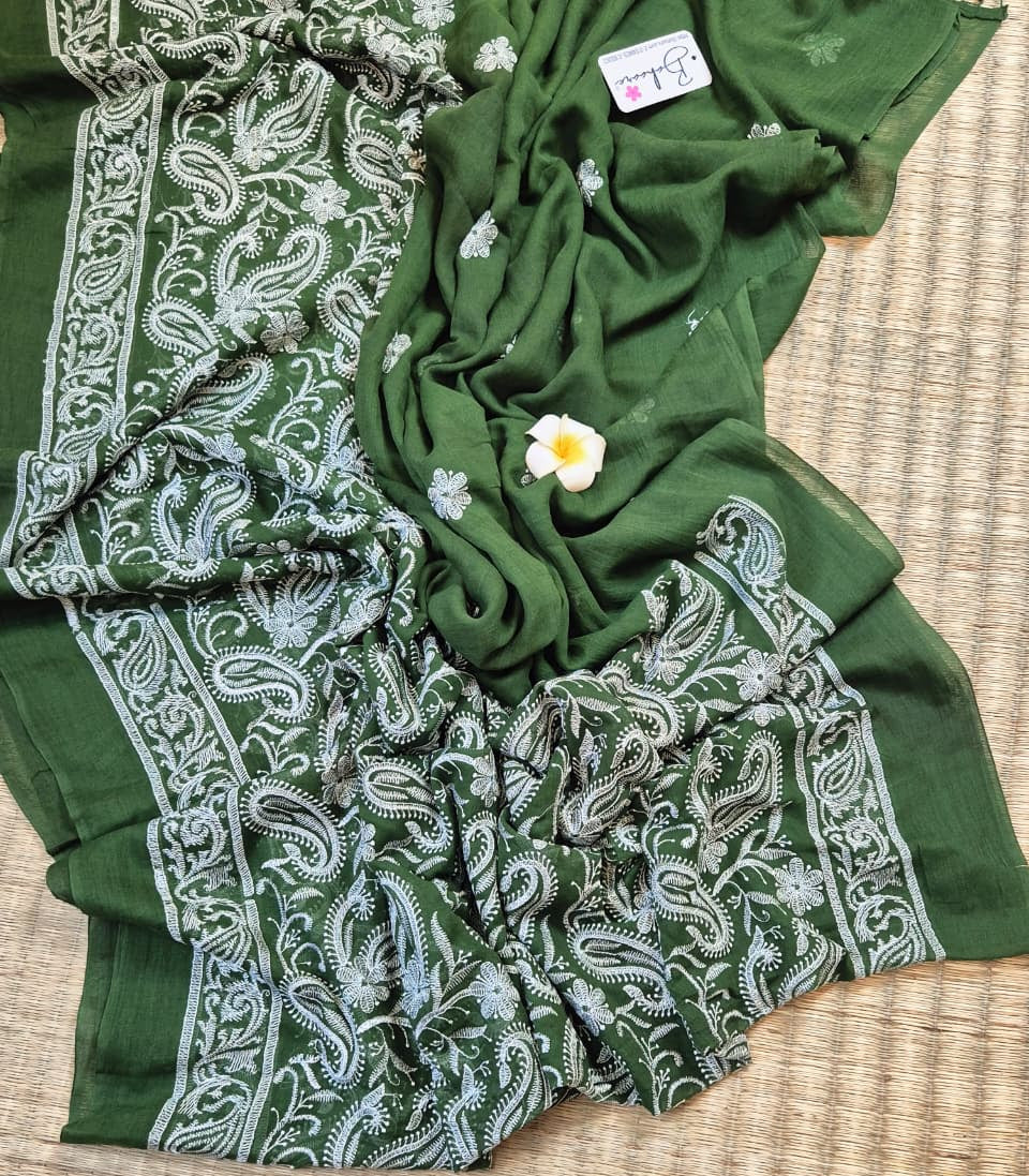 Mohini | Classic Bottle Green Mul Mul Cotton Saree with Chikankari Embroidery
