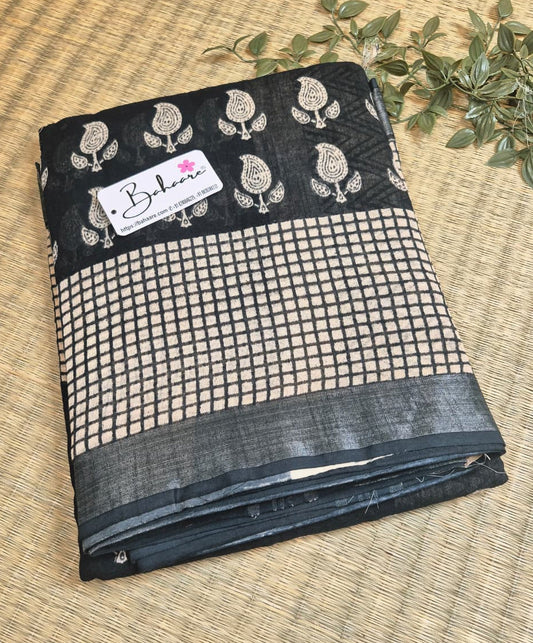 Woodland Whispers | Dark Black Natural Dyed Dabu Block Print Linen Cotton Saree