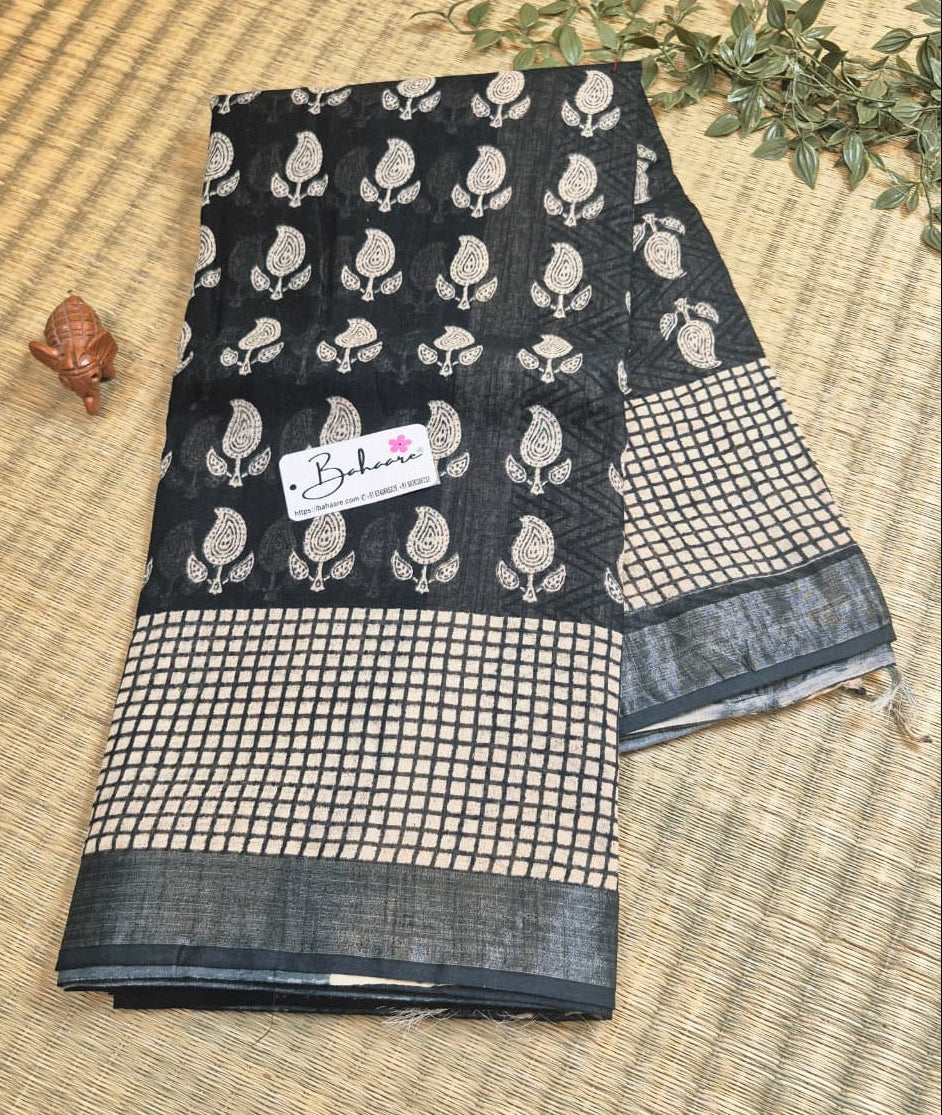 Woodland Whispers | Dark Black Natural Dyed Dabu Block Print Linen Cotton Saree