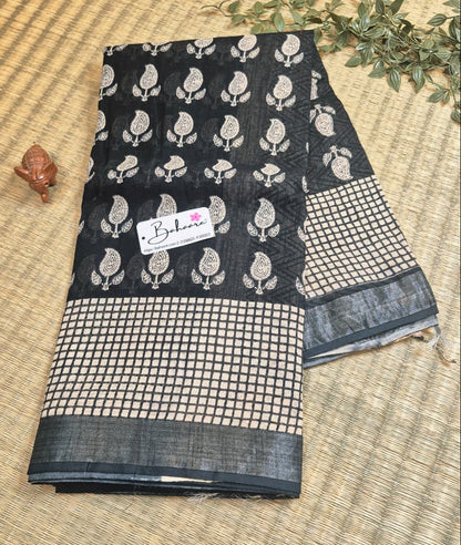 Woodland Whispers | Dark Black Natural Dyed Dabu Block Print Linen Cotton Saree