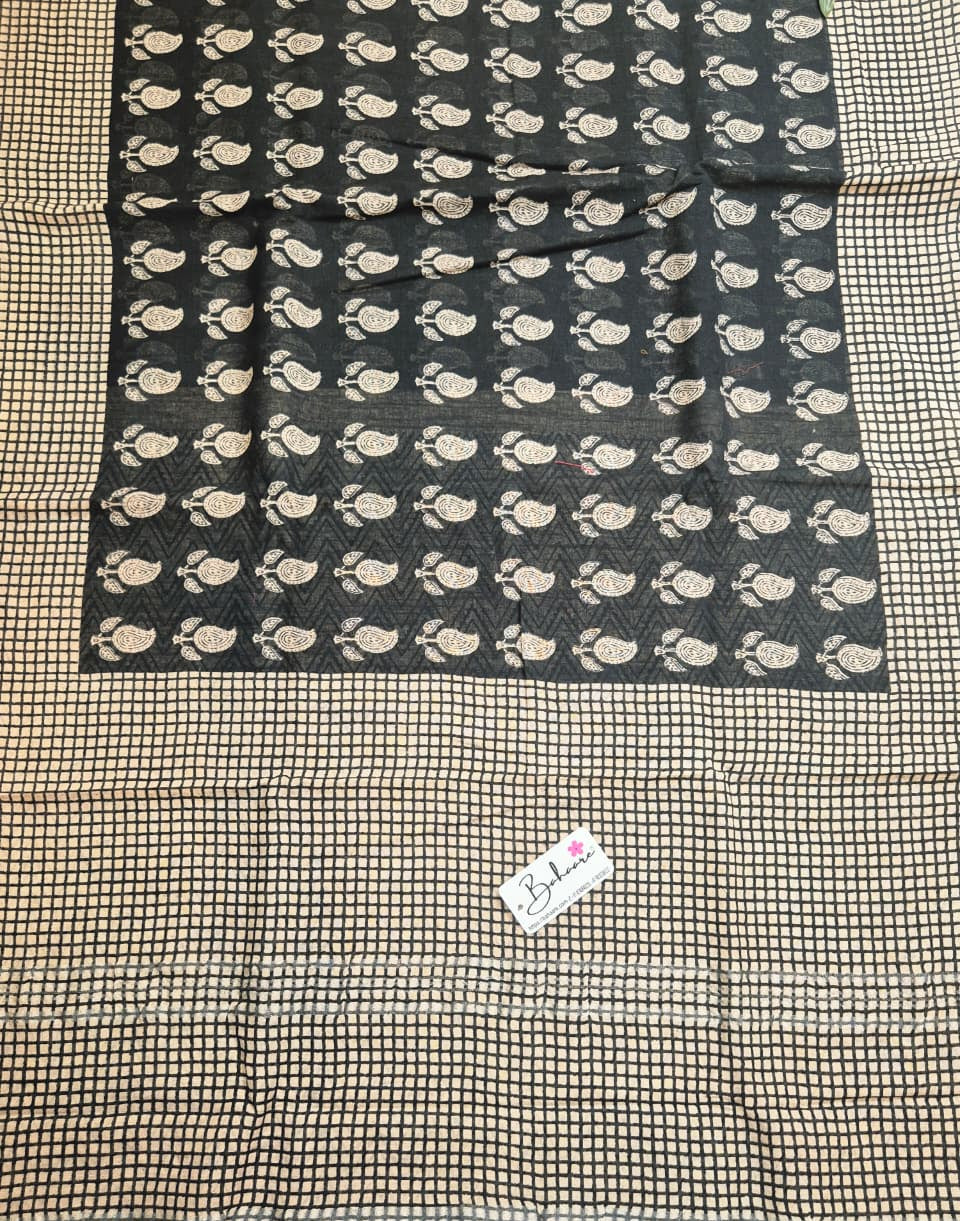 Woodland Whispers | Dark Black Natural Dyed Dabu Block Print Linen Cotton Saree