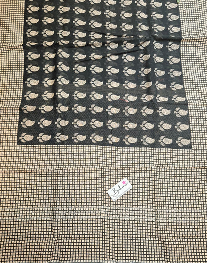 Woodland Whispers | Dark Black Natural Dyed Dabu Block Print Linen Cotton Saree