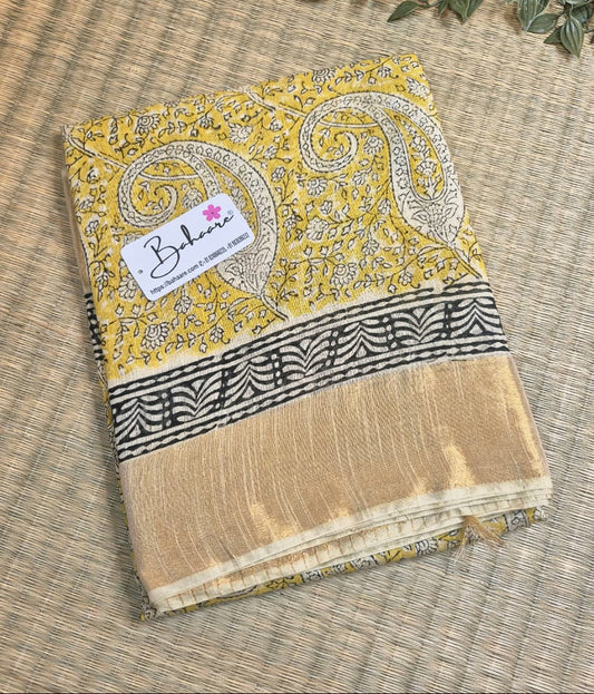 Woodland Whispers | Mustard Yellow Natural Dyed Dabu Block Print Linen Cotton Saree
