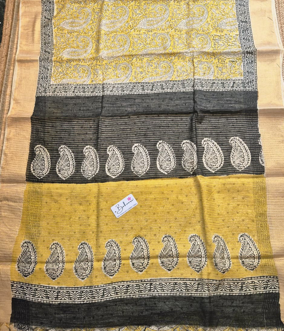 Woodland Whispers | Mustard Yellow Natural Dyed Dabu Block Print Linen Cotton Saree