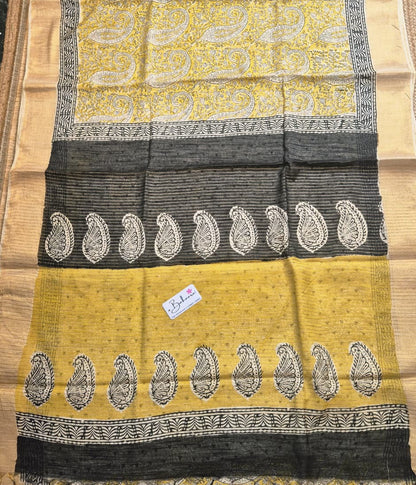 Woodland Whispers | Mustard Yellow Natural Dyed Dabu Block Print Linen Cotton Saree