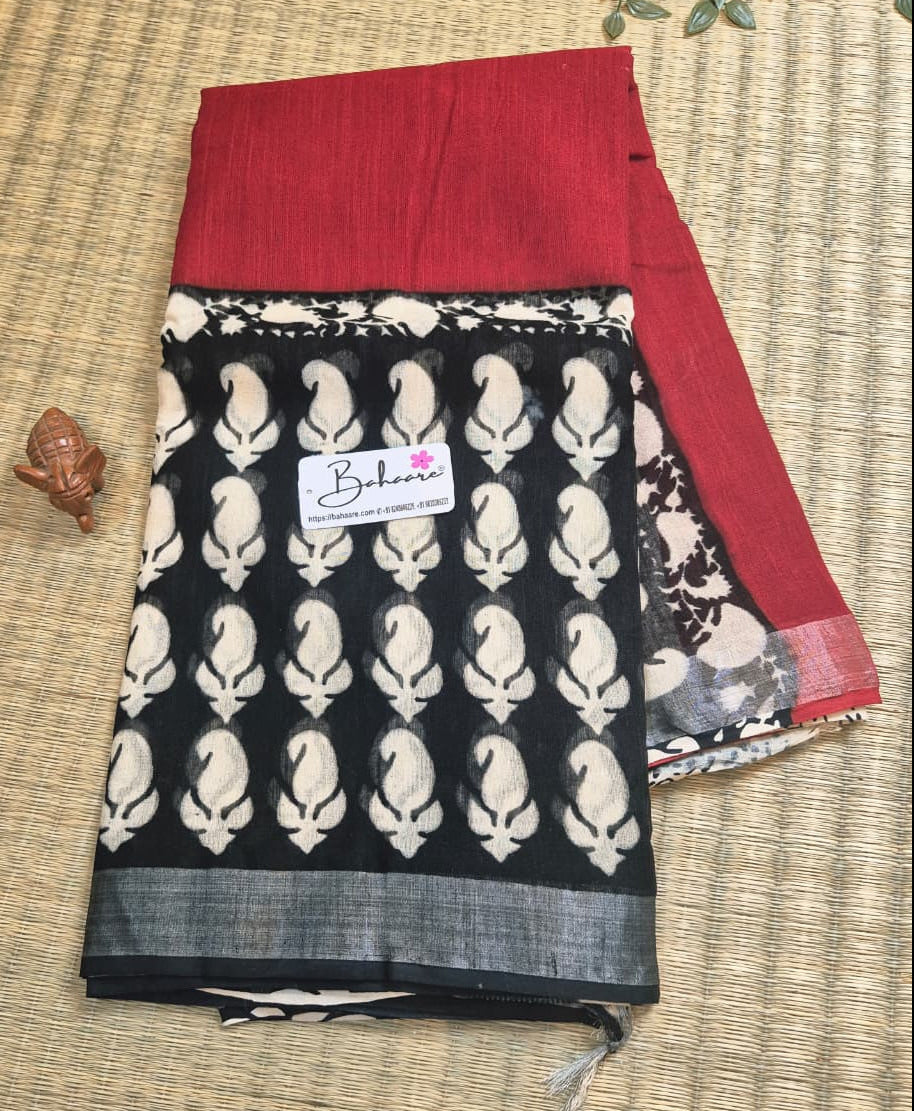 Woodland Whispers | Brick Red and Black Natural Dyed Dabu Block Print Linen Cotton Saree