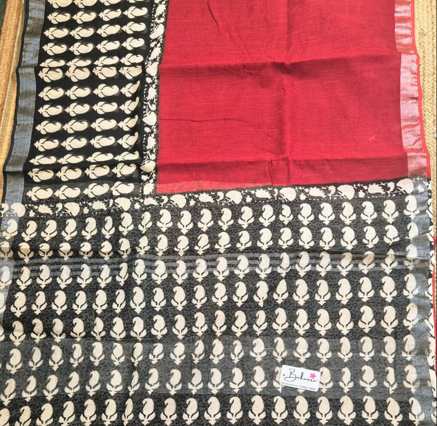 Woodland Whispers | Brick Red and Black Natural Dyed Dabu Block Print Linen Cotton Saree