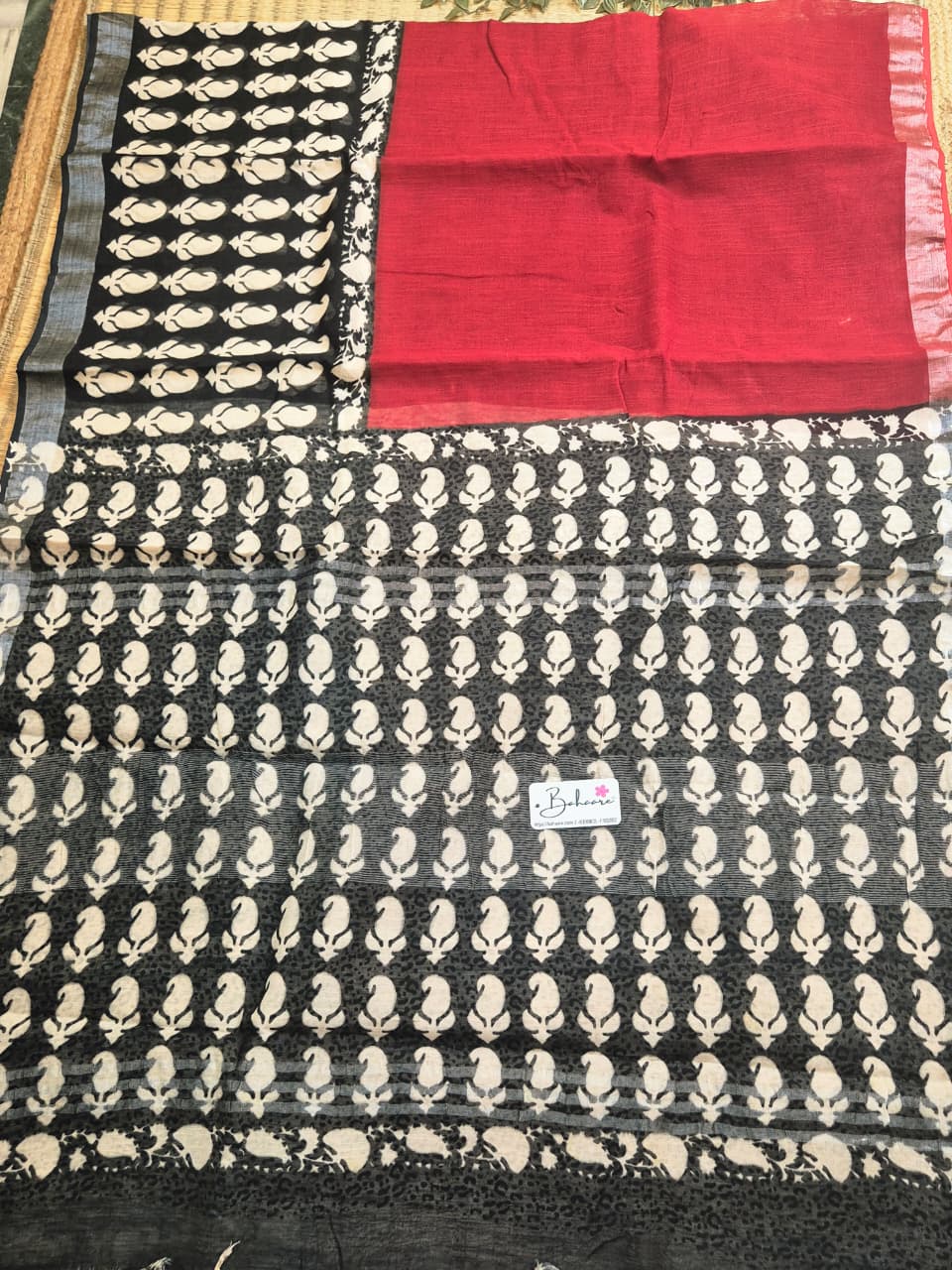 Woodland Whispers | Brick Red and Black Natural Dyed Dabu Block Print Linen Cotton Saree