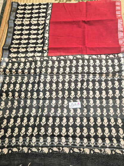 Woodland Whispers | Brick Red and Black Natural Dyed Dabu Block Print Linen Cotton Saree
