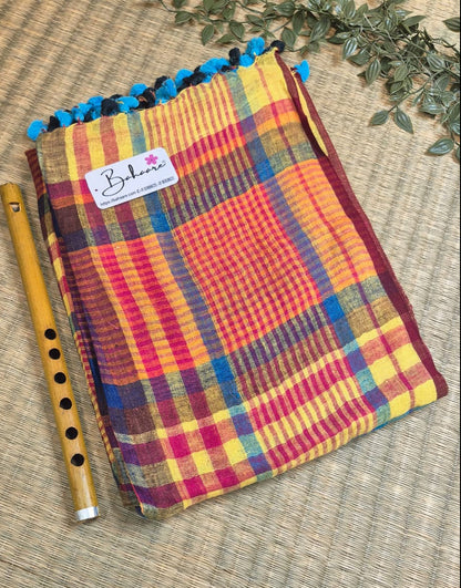 Woodland Whispers | Yellow and Maroon Multicoloured Check Jayshree Linen Saree