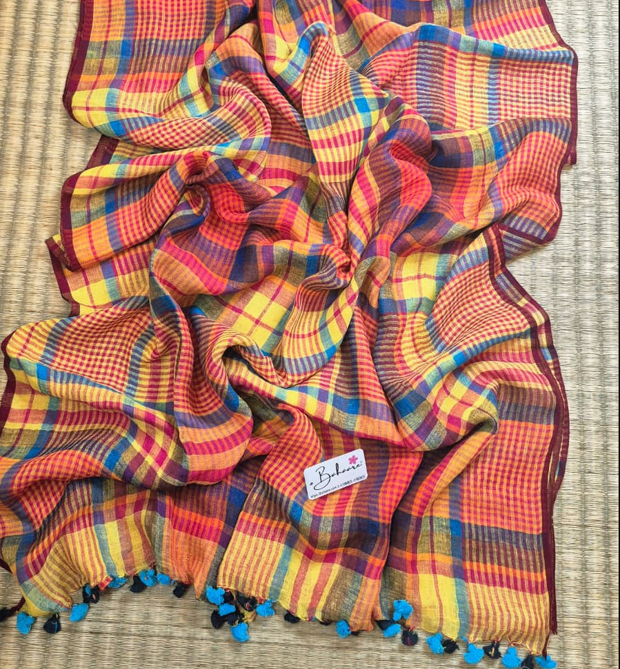 Woodland Whispers | Yellow and Maroon Multicoloured Check Jayshree Linen Saree