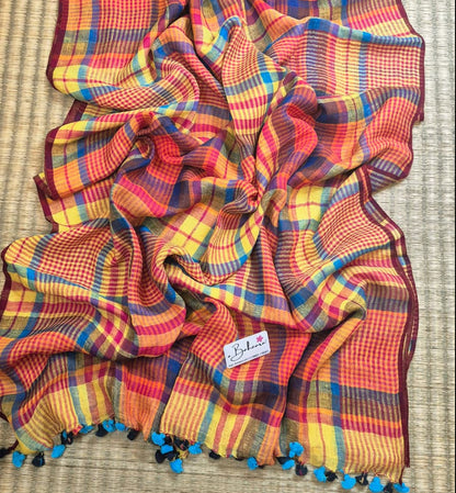 Woodland Whispers | Yellow and Maroon Multicoloured Check Jayshree Linen Saree