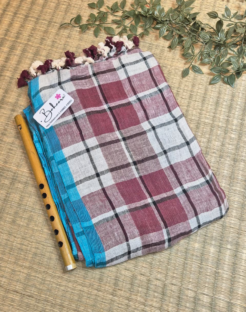 Woodland Whispers | White and Dark Maroon Check Jayshree Linen Saree