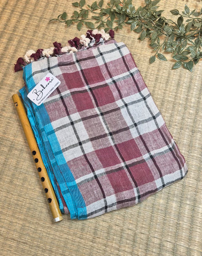 Woodland Whispers | White and Dark Maroon Check Jayshree Linen Saree