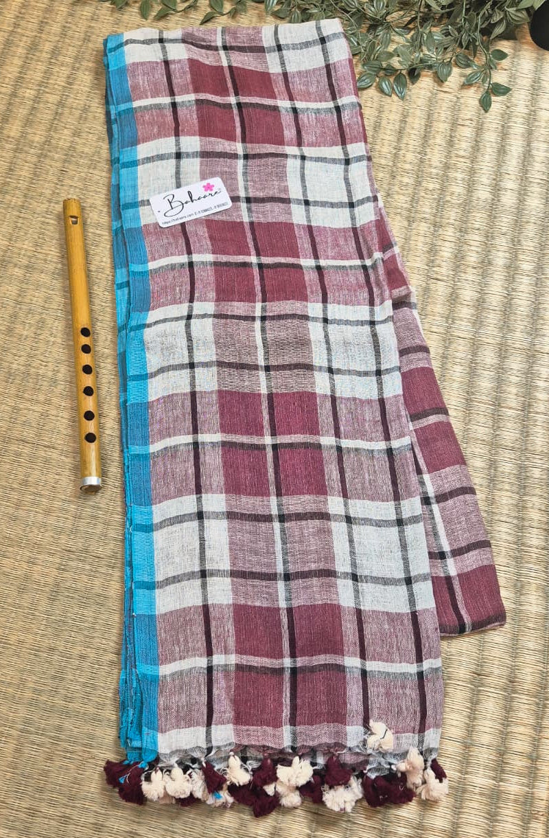 Woodland Whispers | White and Dark Maroon Check Jayshree Linen Saree