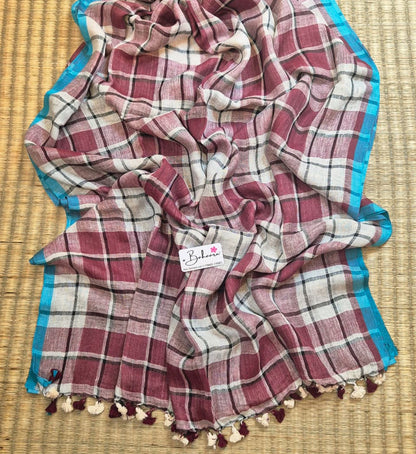 Woodland Whispers | White and Dark Maroon Check Jayshree Linen Saree