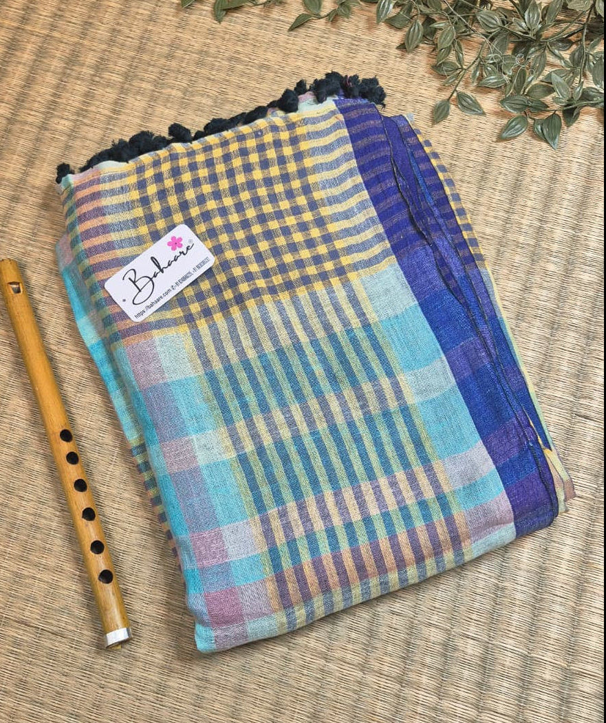 Woodland Whispers | Light Sky Multicoloured Check Jayshree Linen Saree