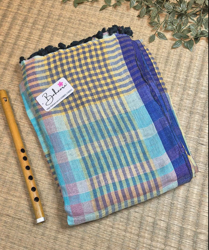 Woodland Whispers | Light Sky Multicoloured Check Jayshree Linen Saree