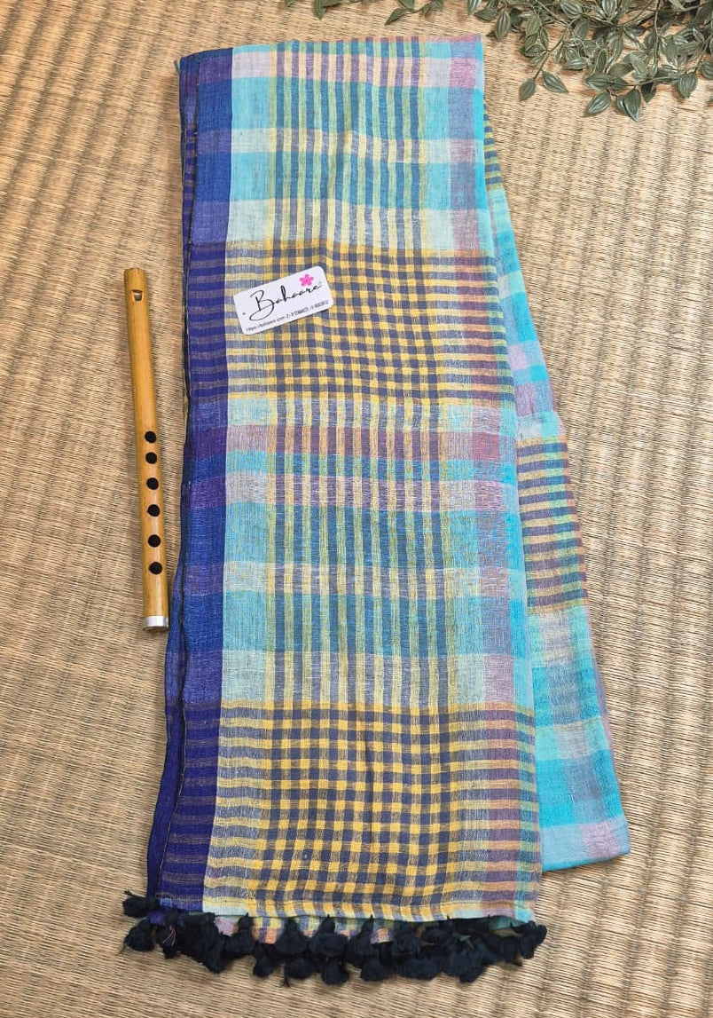 Woodland Whispers | Light Sky Multicoloured Check Jayshree Linen Saree