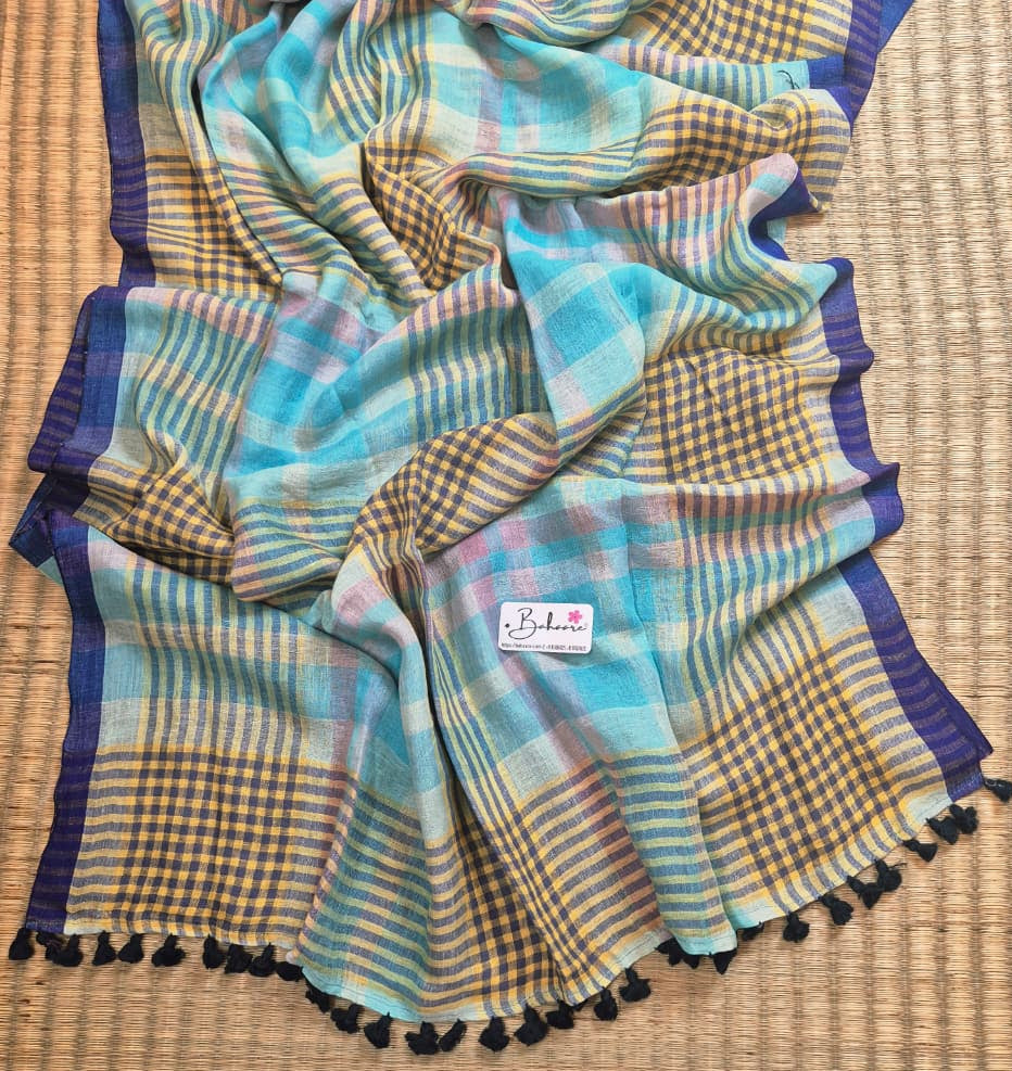 Woodland Whispers | Light Sky Multicoloured Check Jayshree Linen Saree