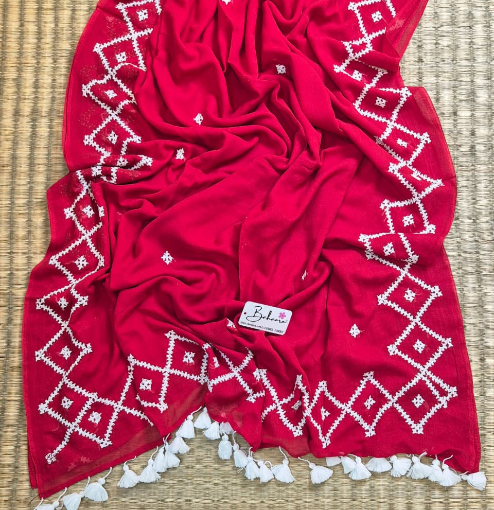 Mohini | Kumkum Red Handcrafted Mul Mul Cotton Saree