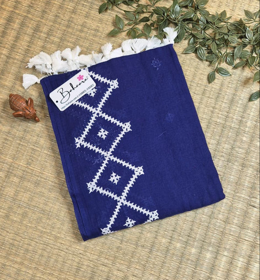 Mohini | Deep Blue Handcrafted Mul Mul Cotton Saree