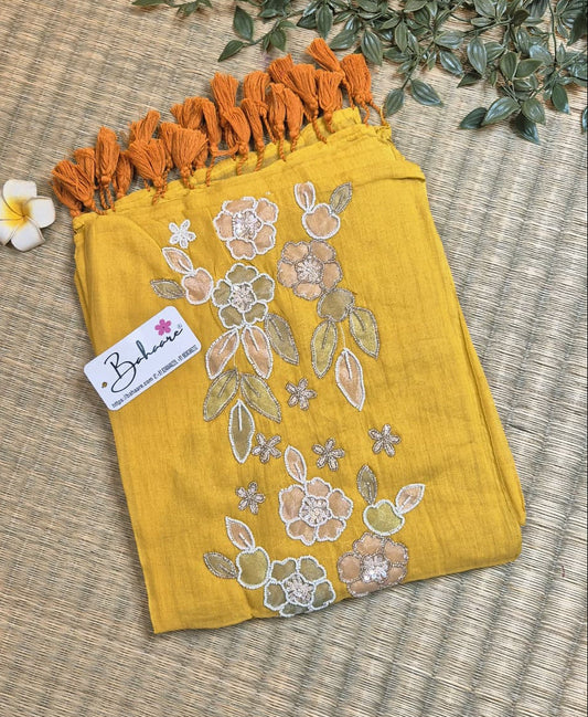 Mohini | Golden Yellow Mul Mul Cotton Saree with Handcrafted Moti Work on Front Top Part