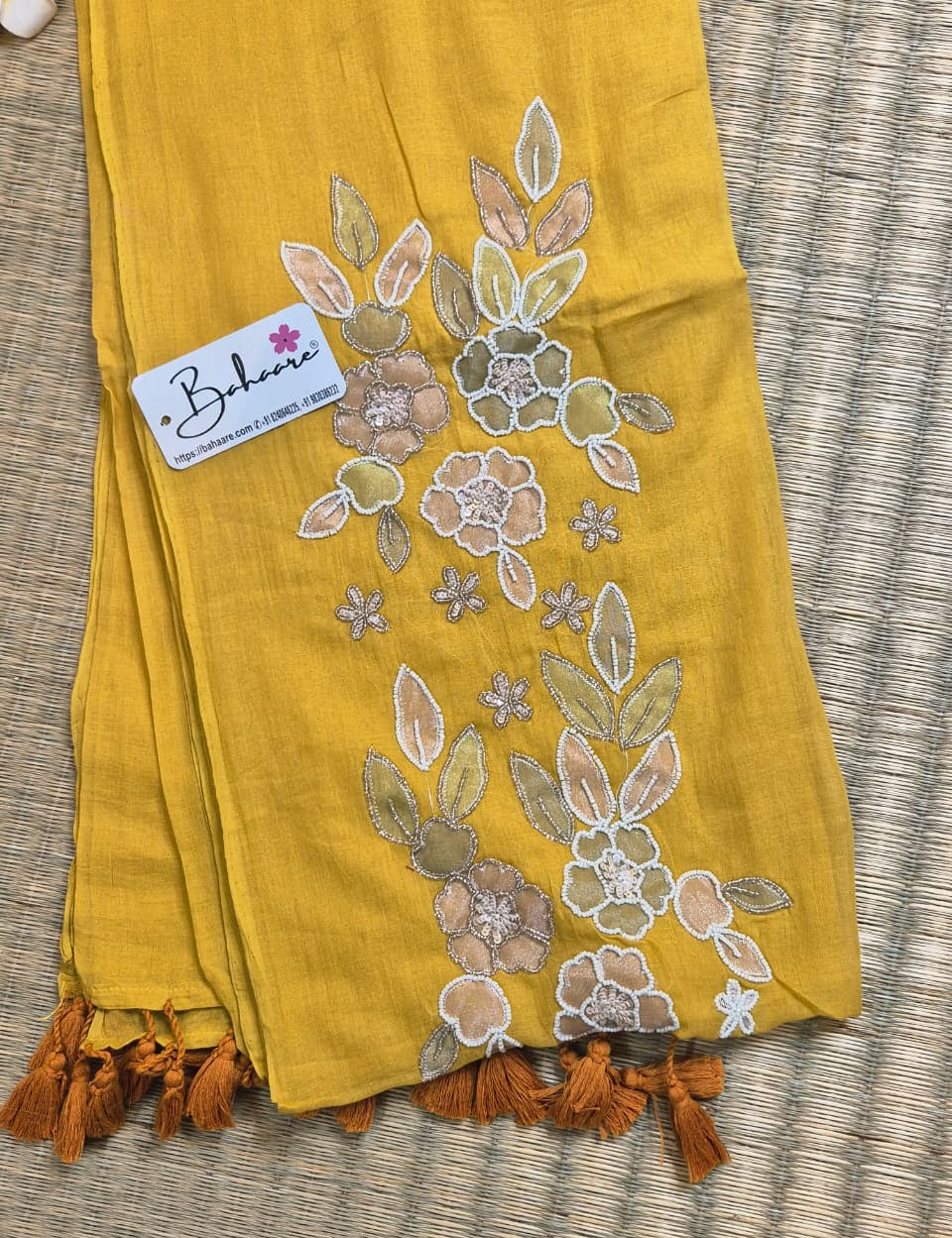 Mohini | Golden Yellow Mul Mul Cotton Saree with Handcrafted Moti Work on Front Top Part