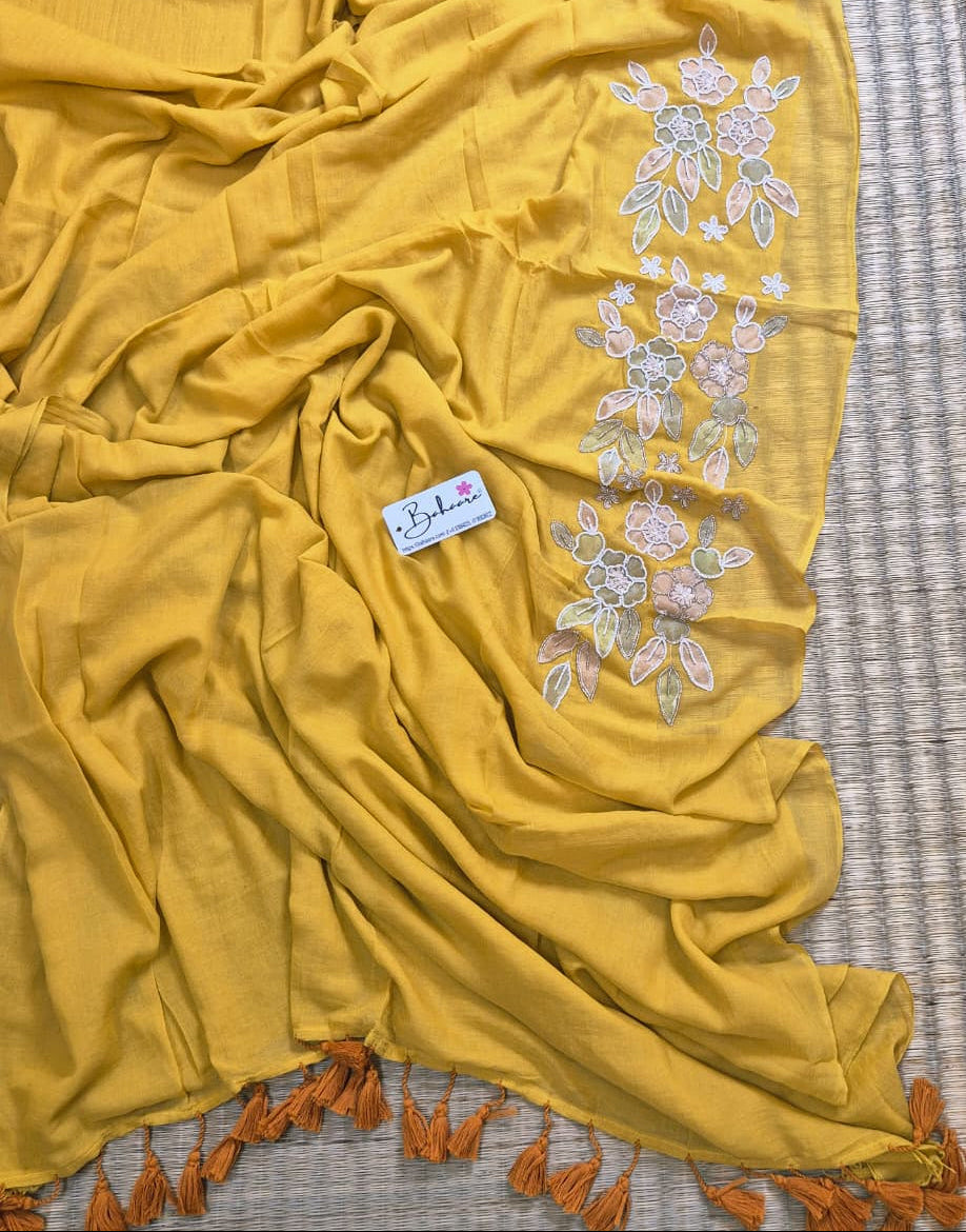 Mohini | Golden Yellow Mul Mul Cotton Saree with Handcrafted Moti Work on Front Top Part