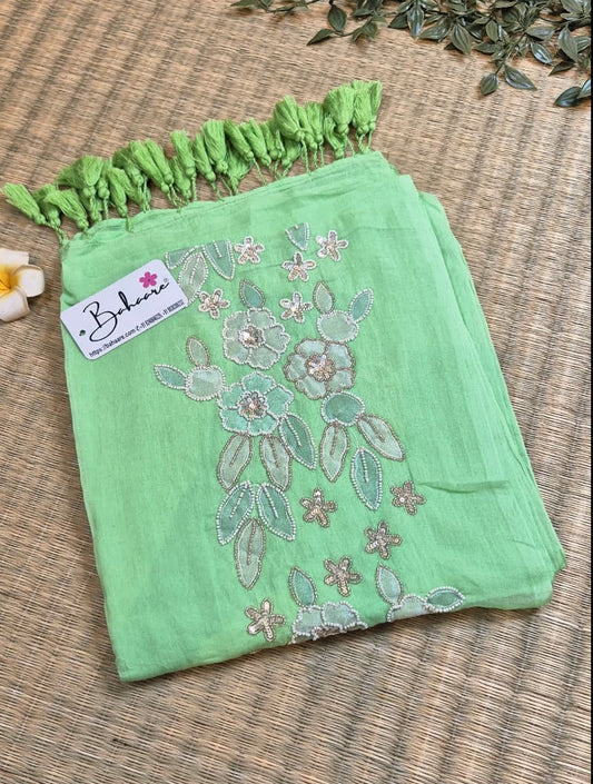 Mohini | Pastel Green Mul Mul Cotton Saree with Handcrafted Moti Work on Front Top Part