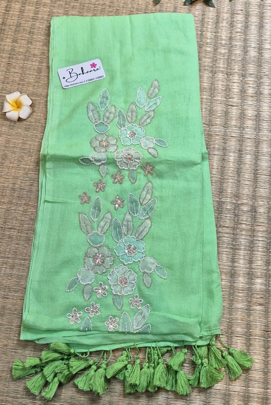 Mohini | Pastel Green Mul Mul Cotton Saree with Handcrafted Moti Work on Front Top Part