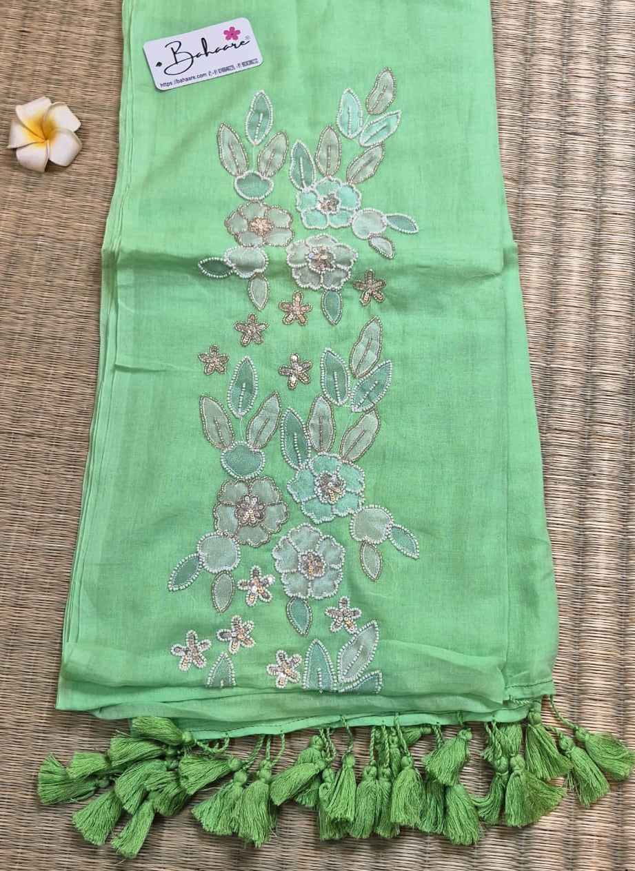 Mohini | Pastel Green Mul Mul Cotton Saree with Handcrafted Moti Work on Front Top Part
