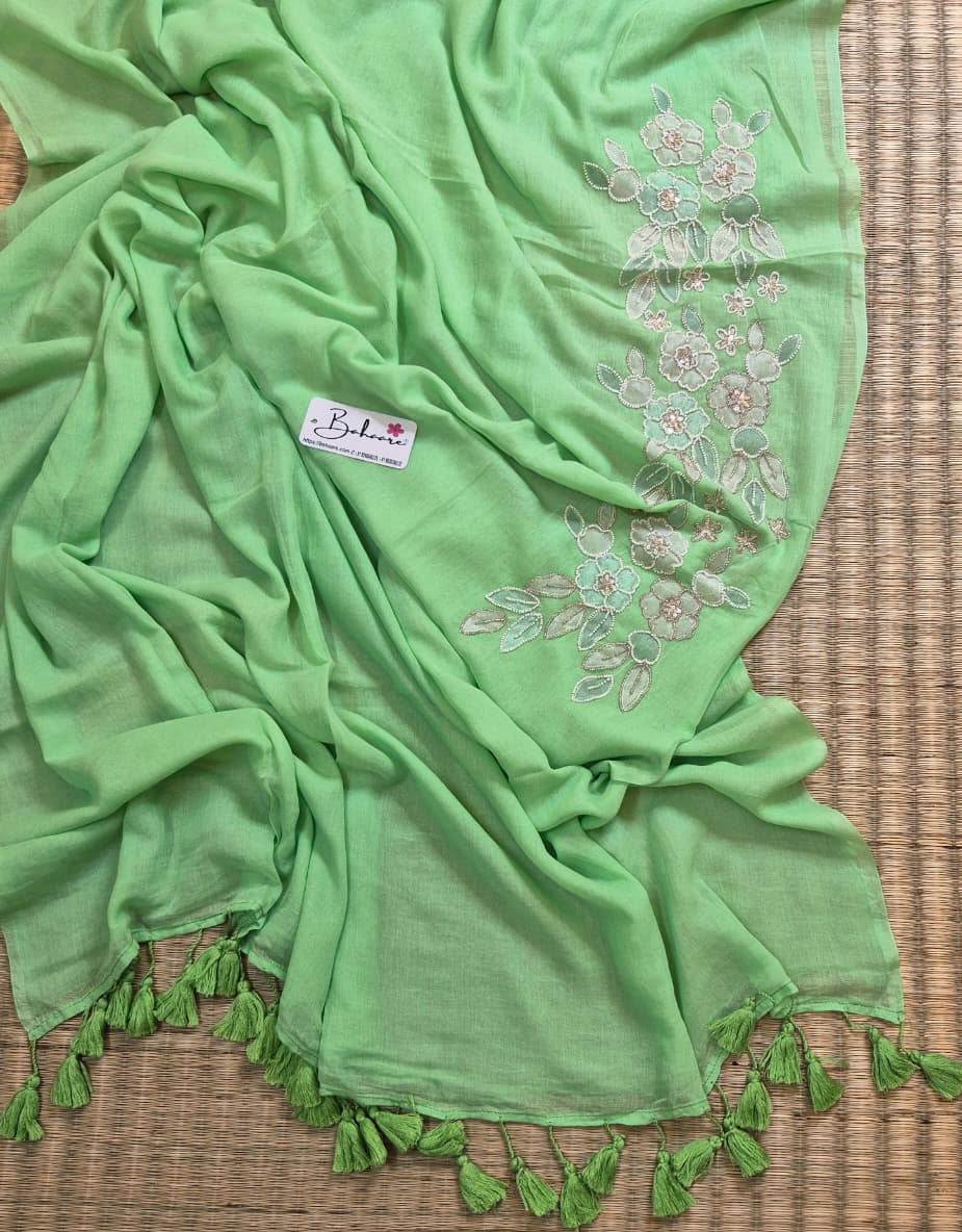 Mohini | Pastel Green Mul Mul Cotton Saree with Handcrafted Moti Work on Front Top Part