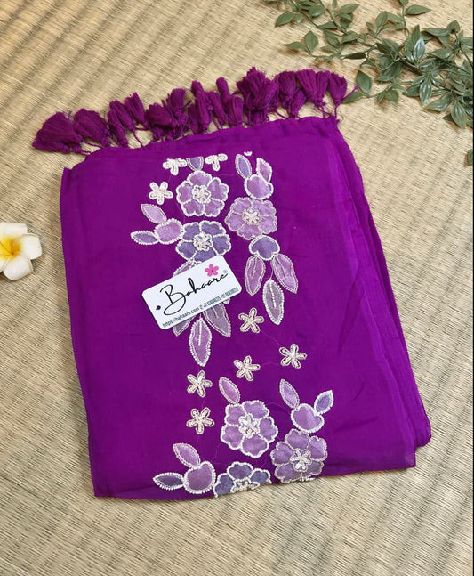 Mohini | Dark Magenta Mul Mul Cotton Saree with Handcrafted Moti Work on Front Top Part
