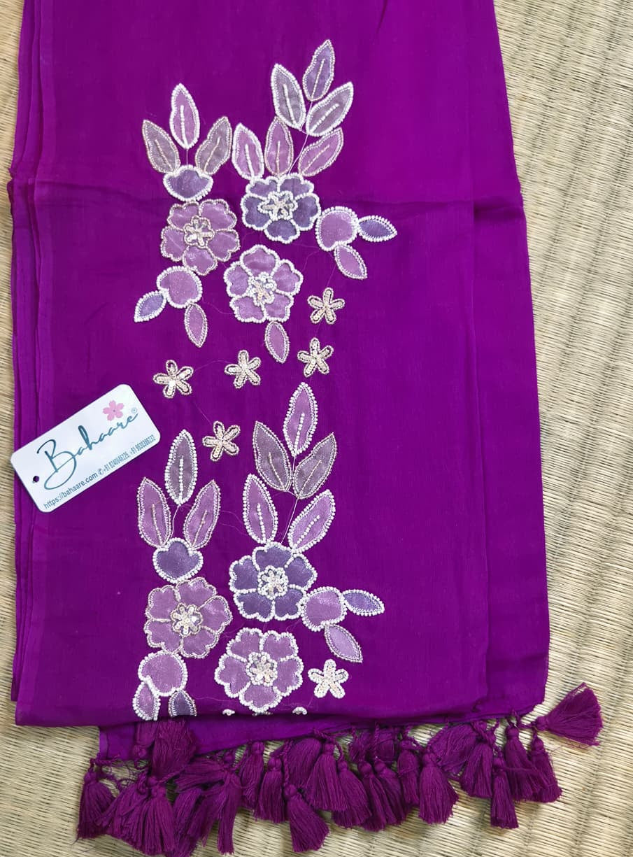 Mohini | Dark Magenta Mul Mul Cotton Saree with Handcrafted Moti Work on Front Top Part