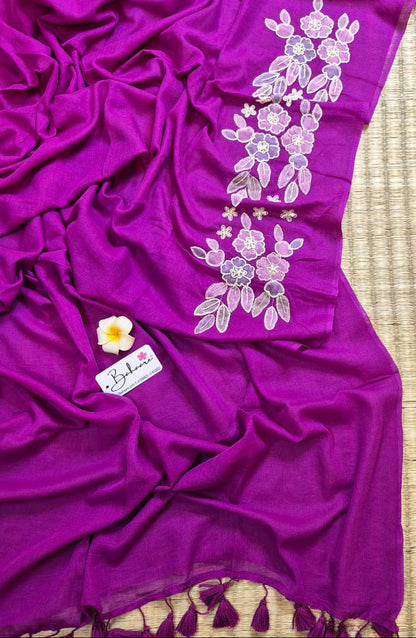 Mohini | Dark Magenta Mul Mul Cotton Saree with Handcrafted Moti Work on Front Top Part