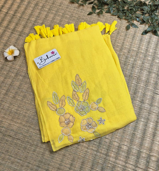 Mohini | Light Yellow Mul Mul Cotton Saree with Handcrafted Moti Work on Front Top Part