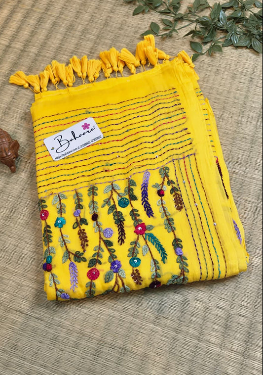 Mohini | Soft Yellow Mul Mul Cotton Saree with Handcrafted Bullion Stich
